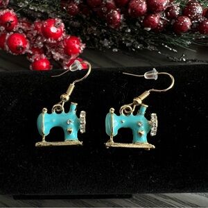 🧵New! Turquoise & Gold Sewing Machine Dangle Earrings w Rhinestones & Gift Bag